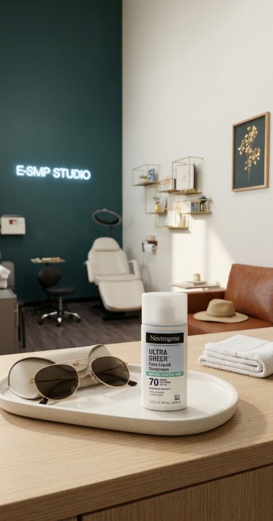 Sunscreen aftercare setup inside E-SMP Studio in San Jose for healed scalp micropigmentation care.
