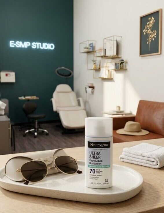 Sunscreen aftercare setup inside E-SMP Studio in San Jose for healed scalp micropigmentation care.