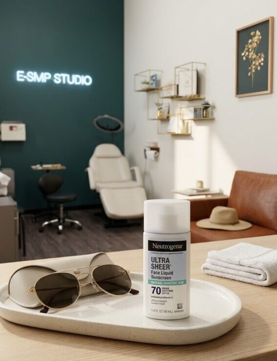 Sunscreen aftercare setup inside E-SMP Studio in San Jose for healed scalp micropigmentation care.