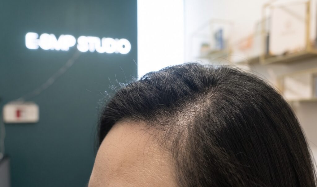 Illustration of a woman's thinning frontal hairline and temple, representing women's hairline SMP concerns.